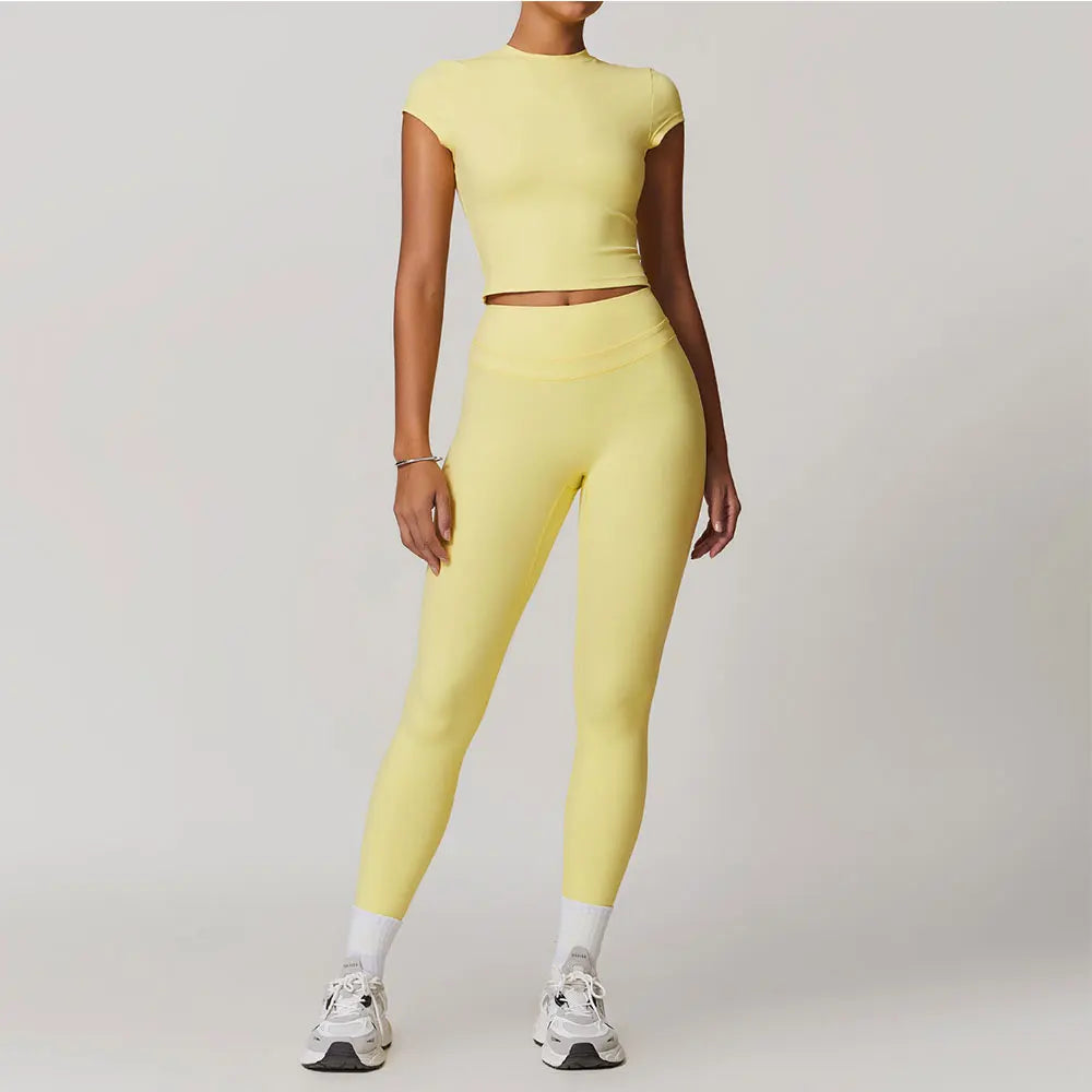JUREN Yoga Suit 2PCS Sports Set Women Quick-Drying Gym Set Women Tracksuit Running Workout Short Sleeves Sports Yoga Clothing - ATFH