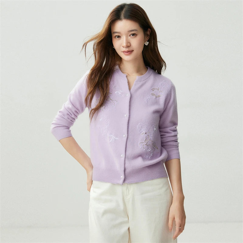 Delicate Notched Collar Autumn Winter Woman 100% Cashmere Mock-Neck Cardigan Knitwear Pearl Buttons Long Sleeve Ribbed Hem Tops