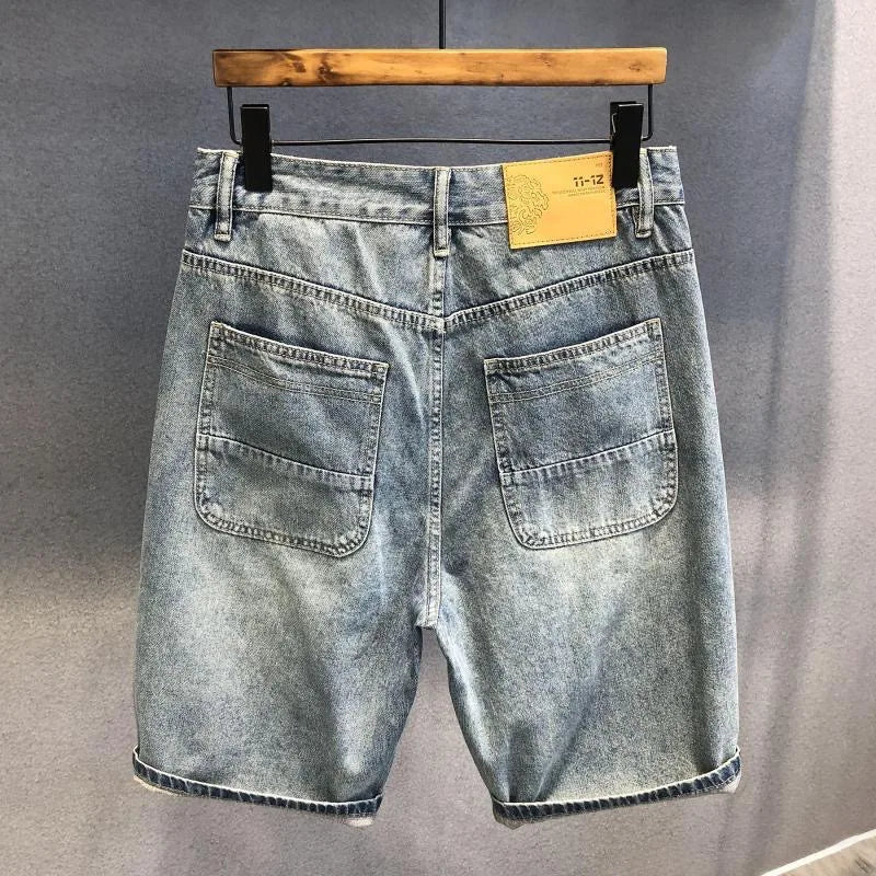 Summer New Fashion Solid Color American Retro Straight Leg Multi-Pocket Denim Shorts Men's Casual Loose Sports High-Grade Shorts ATFH