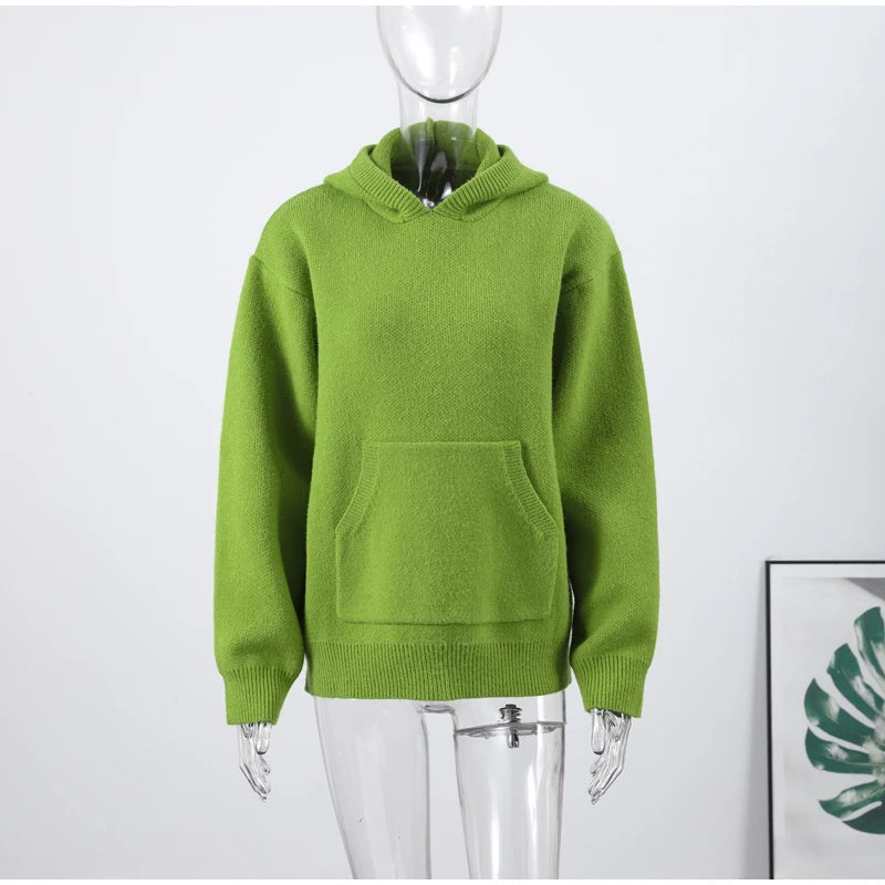 Knit Hooded Pullovers Women's Loose Solid Full Sleeve Pockets Sweaters 2025 Autumn Winter New Lady All-match Tops Streetwear - ATFH