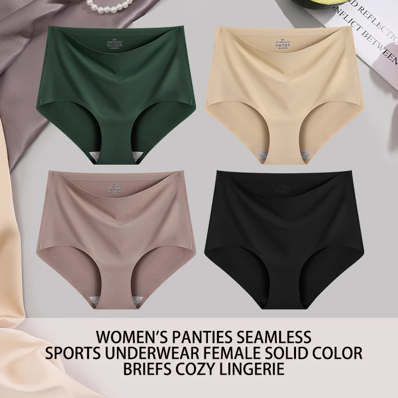 4PCS/SET Plus Size Underwear Women's Panties Ice Silk Solid Color Ladies Seamless Underpants High Waist Sexy Breathable Lingerie
