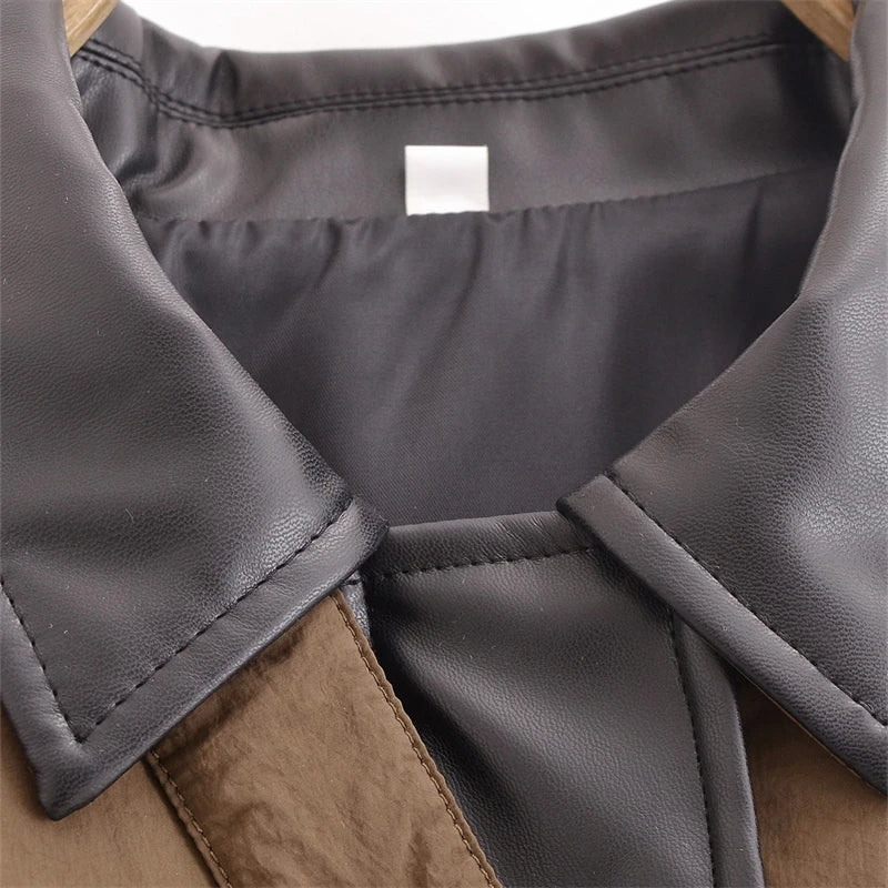 KEYANKETIAN Winter New Women's PU Leather Patchwork Lapel Contrasting Color Placket Zipper Cotton Jacket Women Bread Jacket ATFH