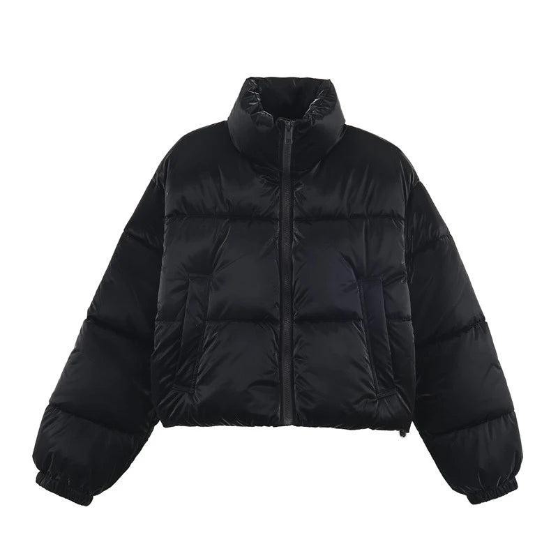 Women's Solid Cropped Puffer Jacket Stand Collar Quilted Fabric Elastic Cuff Coat Winter Casual Outings Daily Wear Cold Weather ATFH