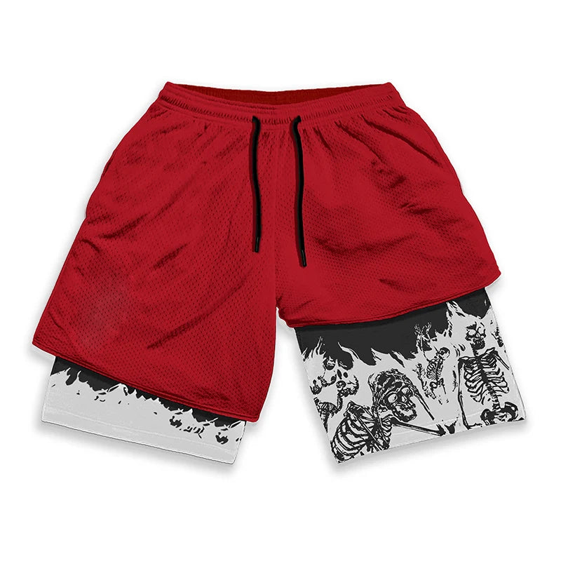 Y2K Gothic Punk Skull Print 2 in 1 Shorts for Men Gym Athletic Performance Shorts with Pockets Summer Workout Fitness Running