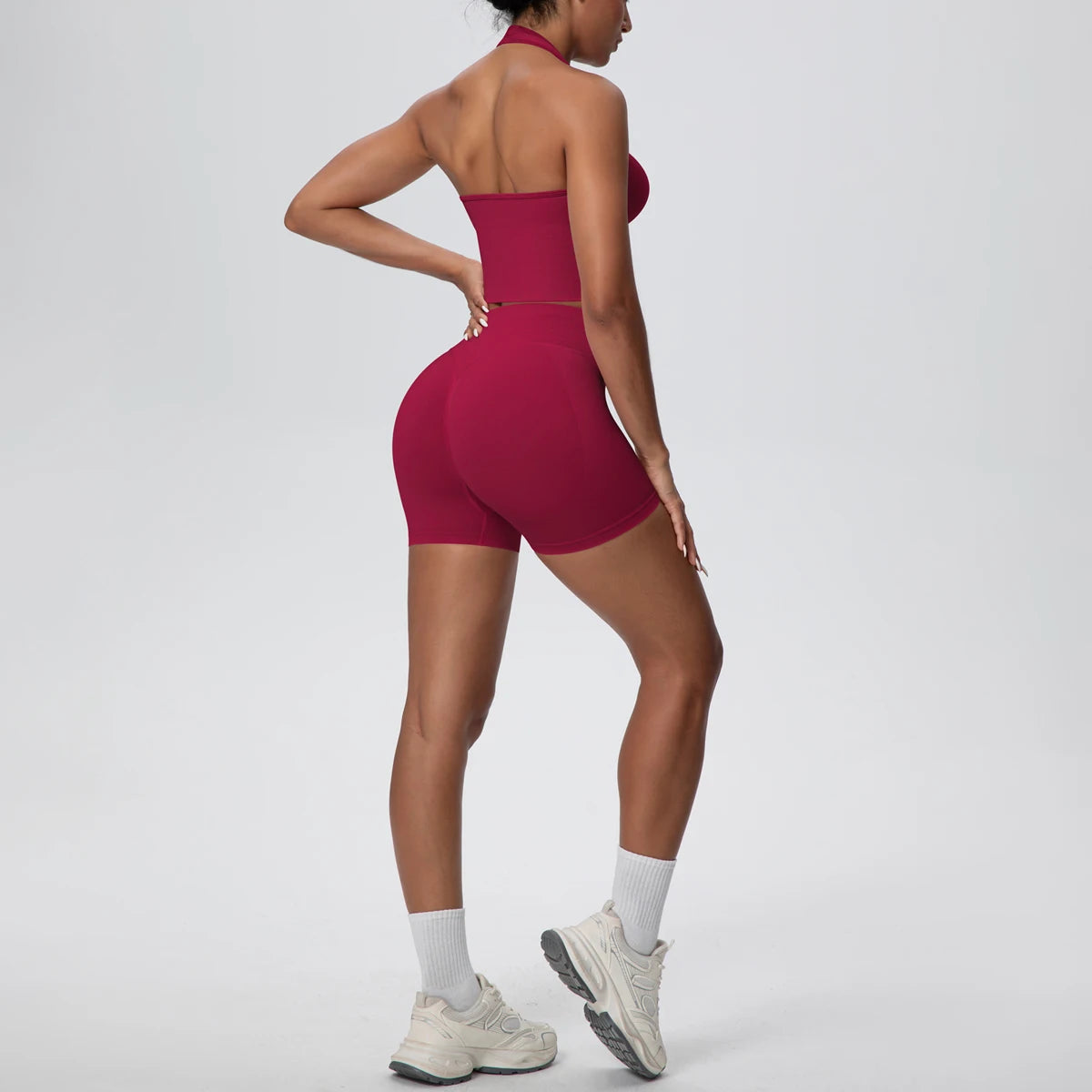 2Pieces Breathable Hanging Neck Bra Fitness Shorts Yoga Set for Woman's Quick-Dry Hip Push Up Seamless Sports Top Yoga Suit - ATFH