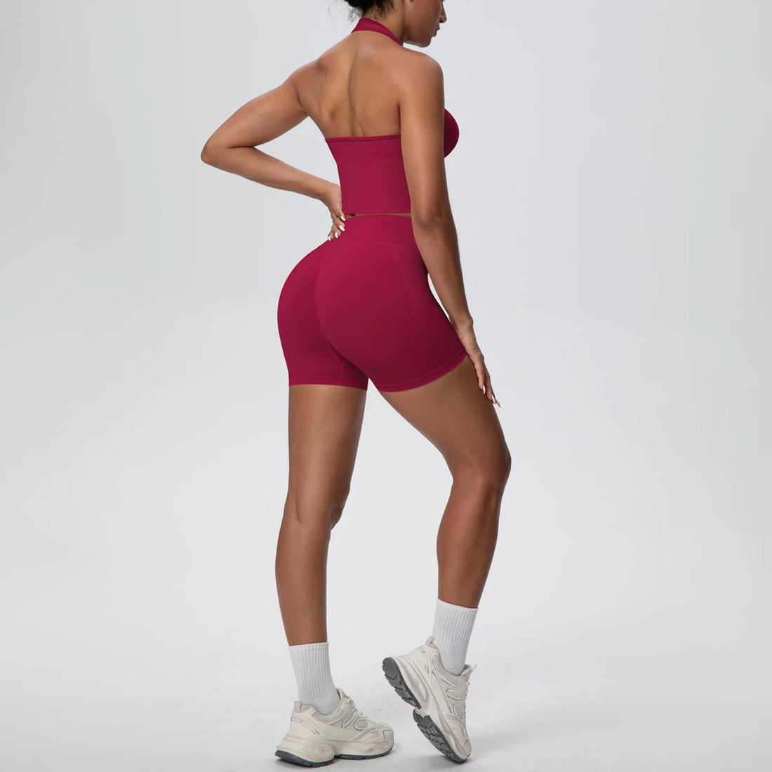 2Pieces Breathable Hanging Neck Bra Fitness Shorts Yoga Set for Woman's Quick-Dry Hip Push Up Seamless Sports Top Yoga Suit - ATFH