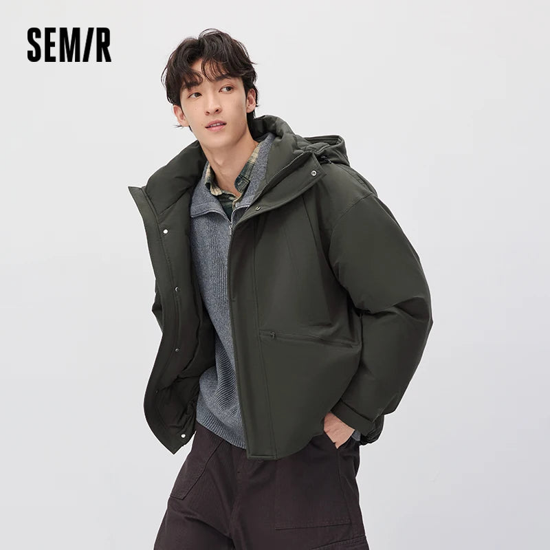 Semir Men Down Jacket 80 Percent Down Fill Drawstring Hooded Solid Color Workwear Large Pocket 2026 New Winter Daily Wear