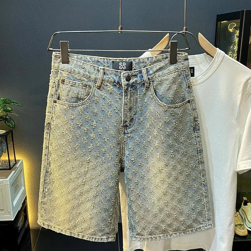 2025 Summer New American men's fashion ripped denim shorts, loose straight-leg casual mid-parted denim shorts ATFH