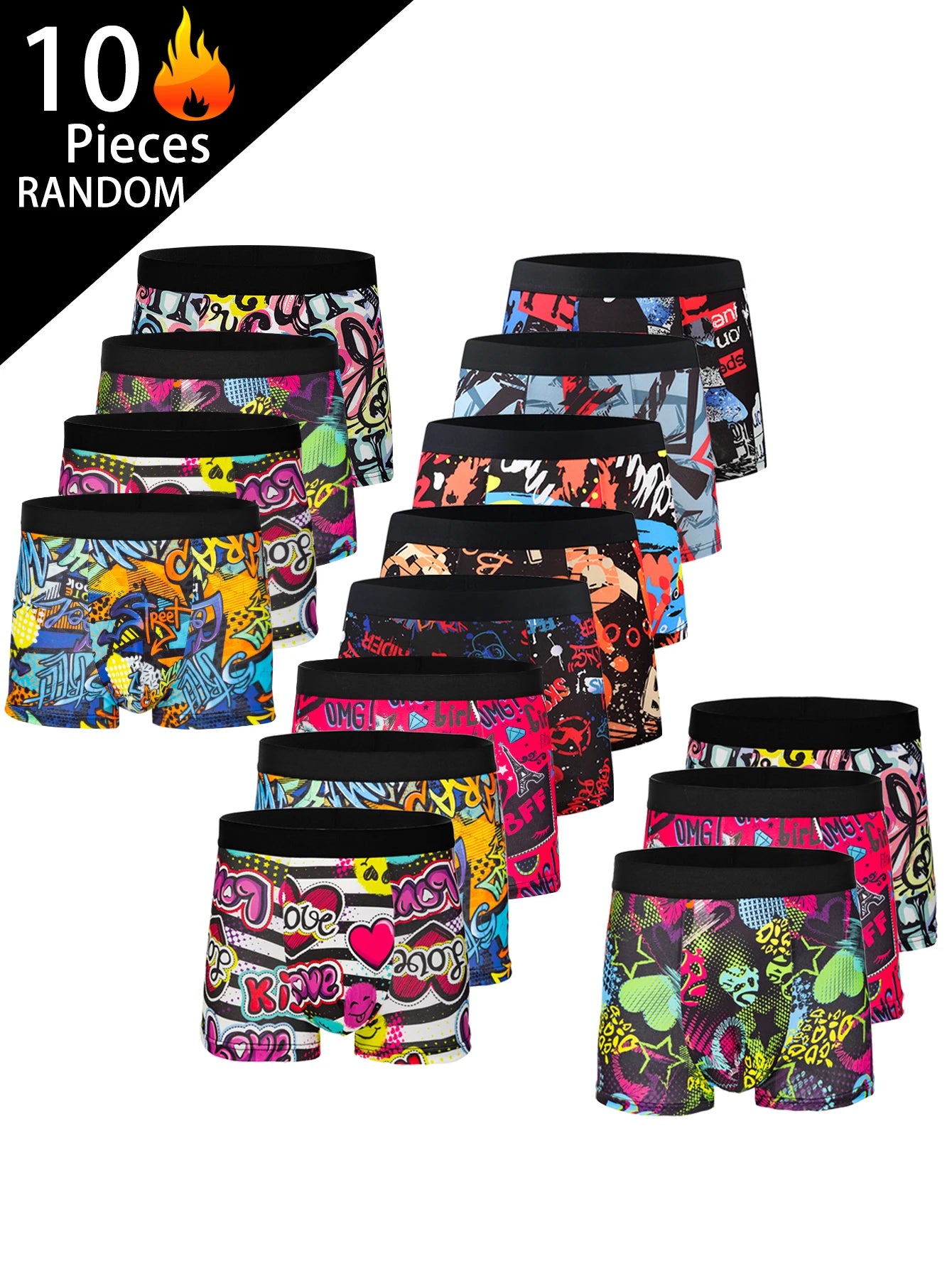 10-Pack Men's Graffiti Boxer Shorts Trendy Streetwear Print Comfortable Four-Corner Pants Youth Fashionable Underwear