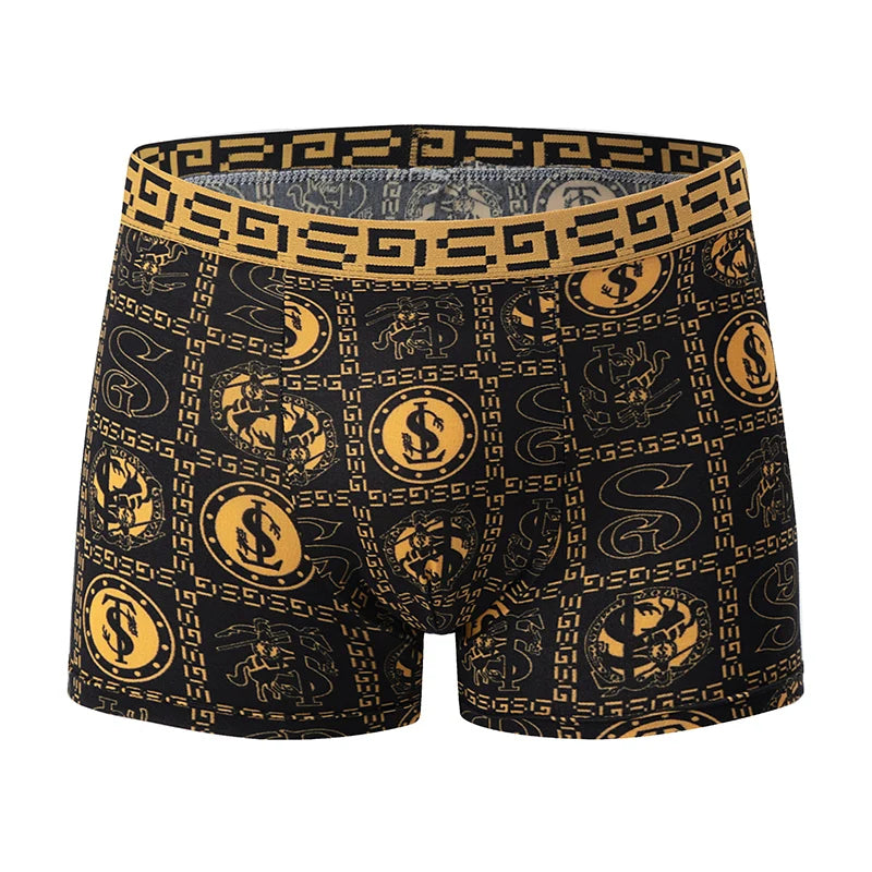 5-piece Set Of Black Gold Printed Men's Underwear Quick Drying Breathable Comfortable Elastic Casual Fashionable And Trendy