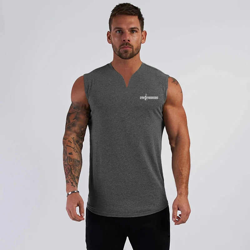 Compression Sleeveless T-Shirts Gym Clothing V Neck Fitness Mens Tank Tops Cotton Bodybuilding Stringer Singlets Workout Vests