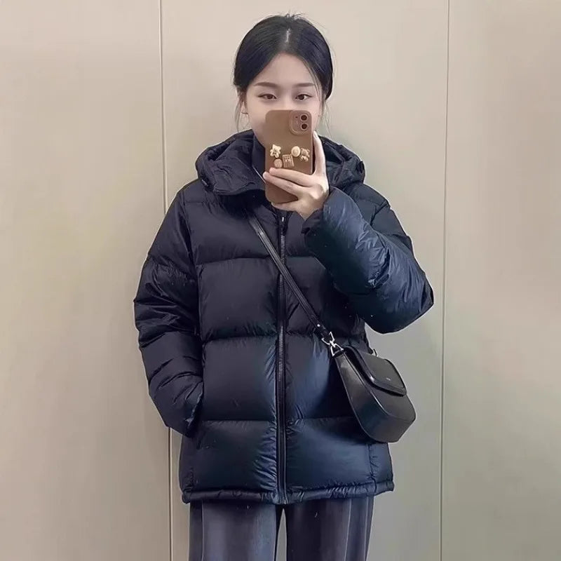Winter Thick Warm Down Jackets Hooded Stand Up Collar Zipper Long Sleeve Unisex Black Coats Casual Loose Cotton-padded Clothes