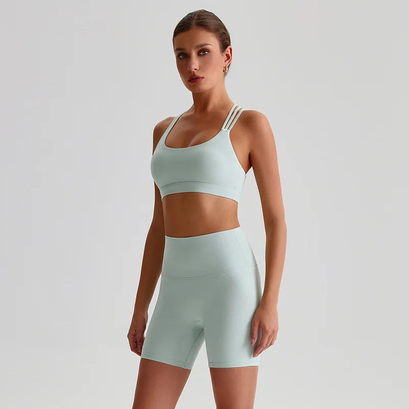 Women's Seamless Yoga Set Quick-Dry Sexy Backless Sportswear Bra High-waisted Shorts Outdoor Running Gym Fitness Workout Outfit - ATFH