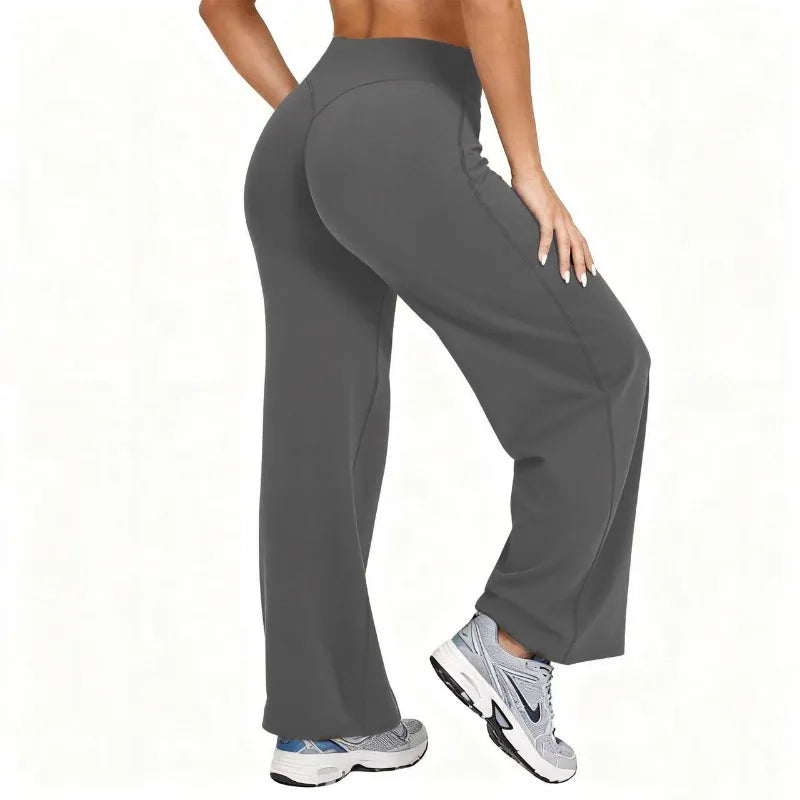 Women Plus Size Yoga Wide-leg Pants High Waist Stretchy Solid Color Leggings Running Pilates Sports Fashion Straight-Leg Pants ATFH
