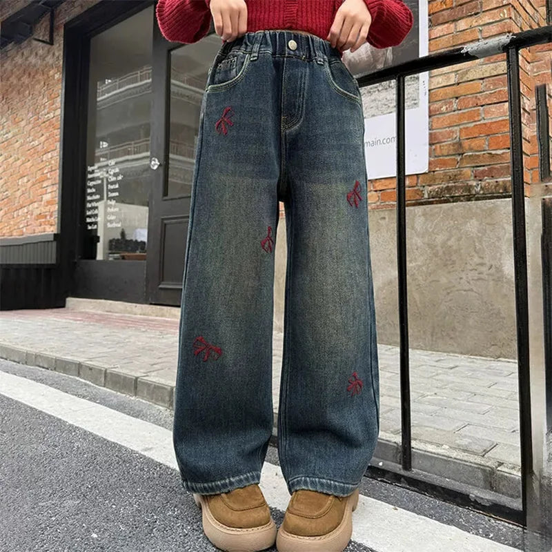 Girls Autumn Winter Plush Warm Denim Straight-leg Pants 5-14 Years Kids Fashion Bowknot Embroidery Jeans Casual Loose Sweatpants ATFH