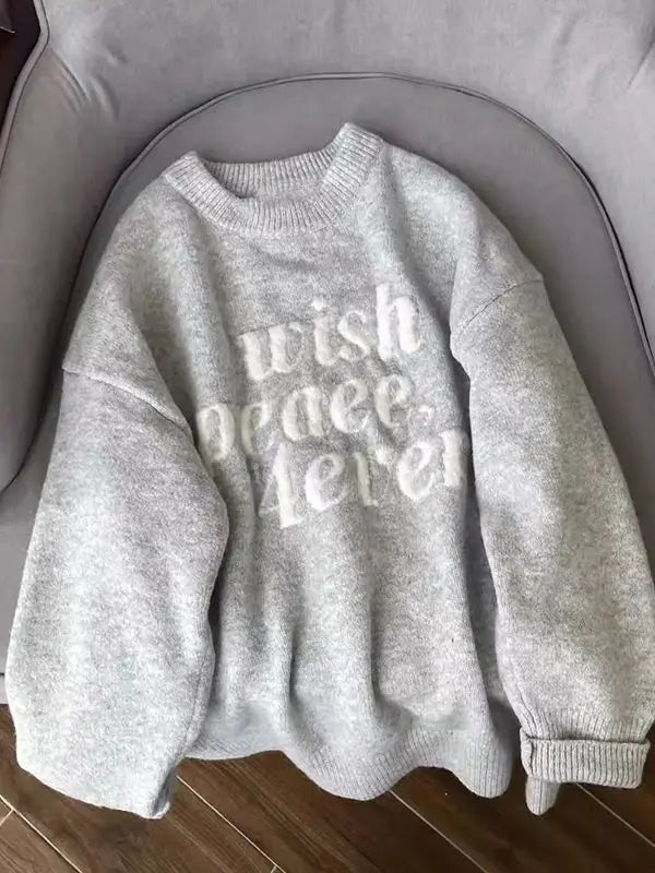 American Retro Pullover Sweater Letter Jacquard Gray Top Women Autumn Winter Round Neck Casual Simple Knitted Top - ATFH