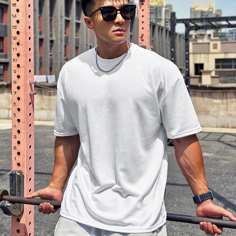 Plain Oversized Loose Mens Casual T-shirts Gym Bodybuilding Fitness Short Sleeves Tops Summer Mesh Breathable Quick Dry Shirts ATFH