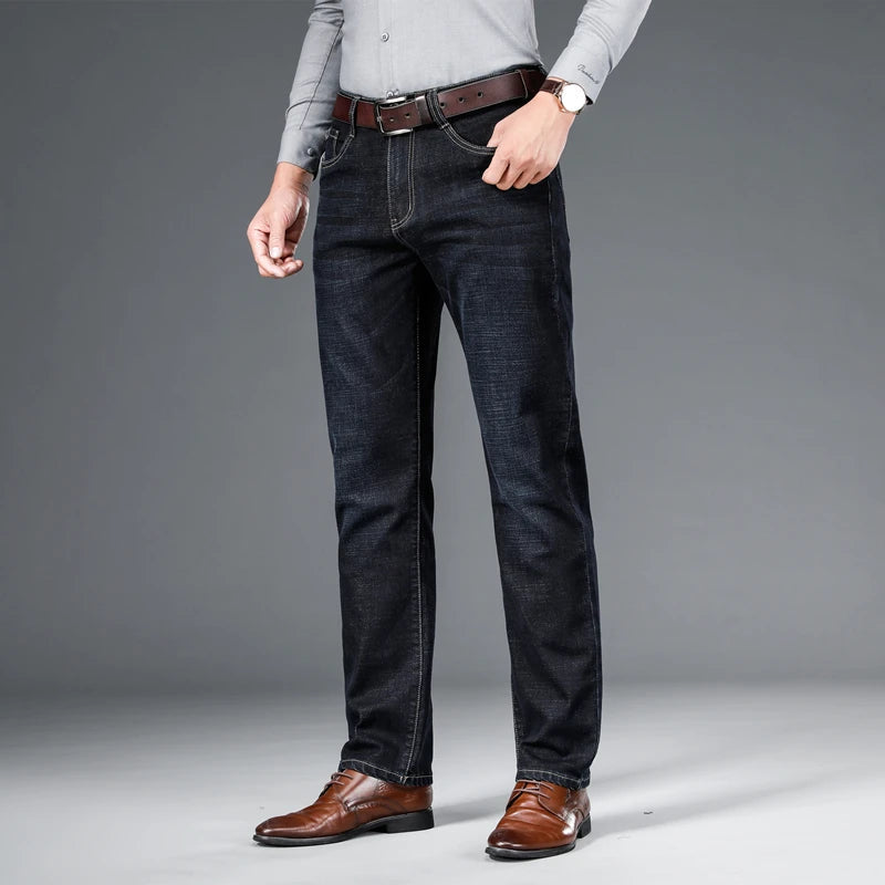 SHAN BAO 2022 autumn spring fitted straight stretch denim jeans classic style badge youth men's business casual jeans trousers ATFH