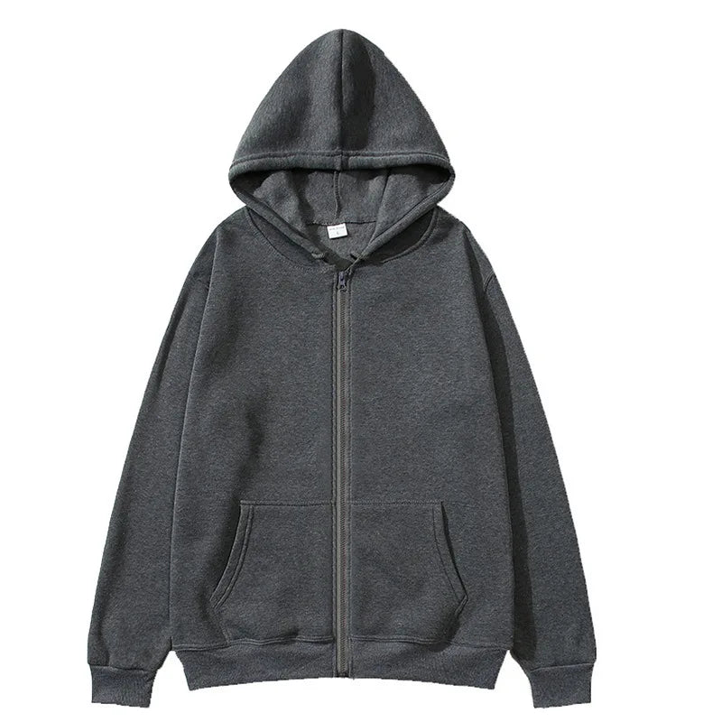 New Autumn/Winter  Men’s Gray Jacket with Hood Long Sleeve Big Pocket Zipper Jacket Coat Woman Loose Casual Outerwear Coat Tops - ATFH