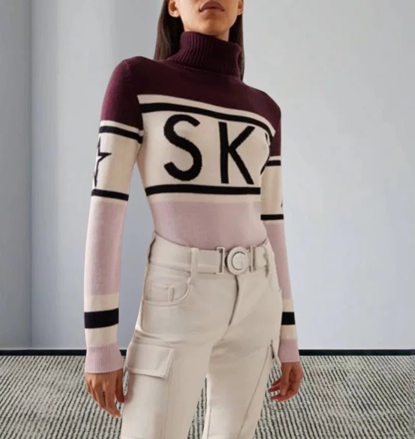 Top Sweater Women's High Neck Letter Print Color Block Slim Fit Knit Long Sleeve Pullover Comfortable Casual Fashionable Niche - ATFH