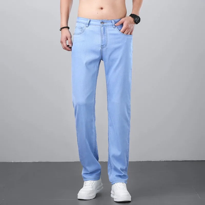 2026 Spring Summer 70% Lyocell Jeans Regular Fit Straight Ice Silk Style Business Casual Light Blue Stretch Cotton Denim ATFH