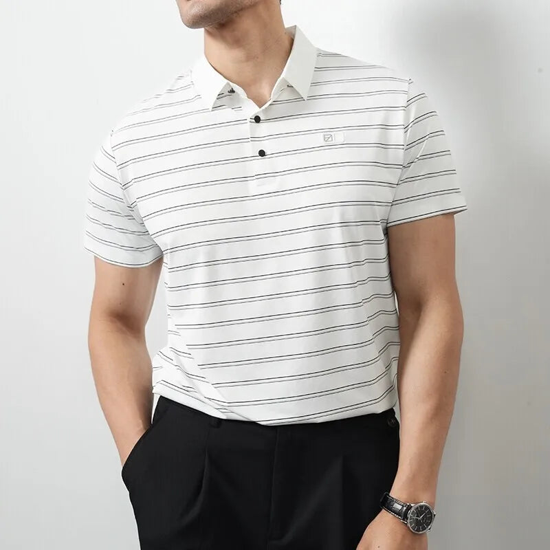 Brand Striped Short Sleeve Polo Shirts Men Trendy Business Casual Lapel T-shirts Social Office POLO Tees Tops Men Clothing 2025
