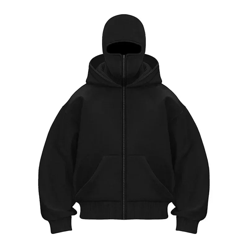 Balaclava Men Zip Hoodie Winter Warm Casual Sweatshirt Y2K with Hooded Face Mask Zipper Design Sports Jacket Outdoor Activities - ATFH