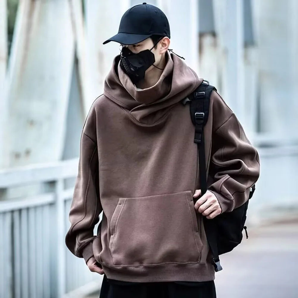 Men's Casual Hooded Turtleneck Sweatshirt Japanese Retro Y2K Style Loose Fit Pullover Long Sleeve for Spring Autumn Season - ATFH