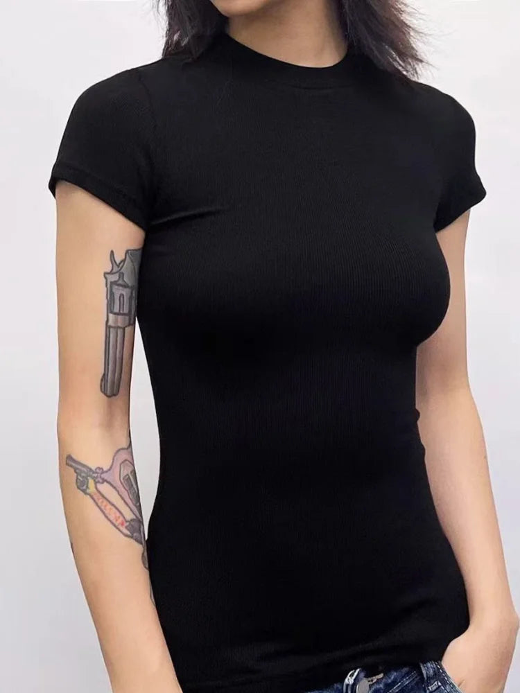 Basic Solid Crop Top Short Sleeve Crewneck Skinny T-shirt Summer Casual Tee for Women Y2K Vintage Top Harajuku Streetwear - ATFH