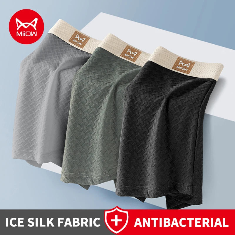 MiiOW 3Pcs Ice Silk Men Jacquard Boxer Shorts 10A Antibacterial Men's Panties Man Underpants Men's Refreshing Sports Underwear