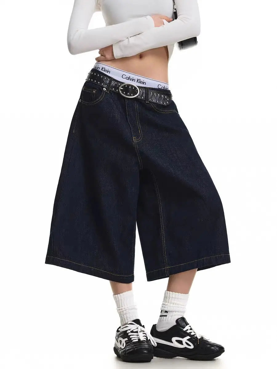 Summer Women's Multi-pocket Design Vintage Denim Shorts Y2k Cool Girl Wide Leg Pants Female Fashion Calf-length Trousers ATFH