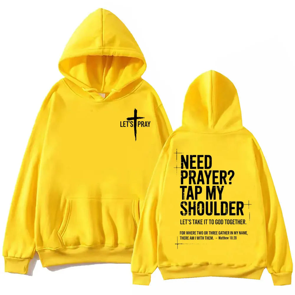 Need Prayer Tap My Shoulder Bible Verse Print Hoodie Fashion Vintage Hooded Sweatshirts Men Women Casual Loose Fleece Pullovers