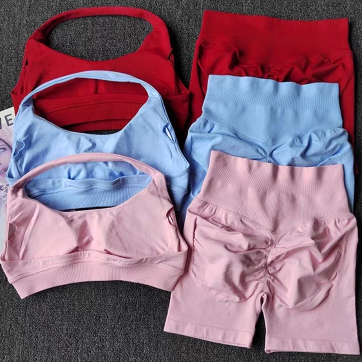 2 Pieces Yoga Suit for Women Seamless Fitness Gym Clothes Halter Sports Bra Matching Impact Shorts Workout Sets Gym Outfit - ATFH