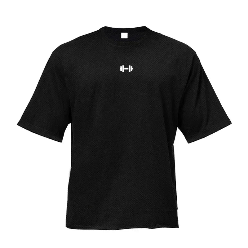 Oversized Loose Gym Clothing Mesh Quick Dry Bodybuilding Fitness Men Short Sleeve Barbell print Sport Streetwear Workout T-Shirt ATFH