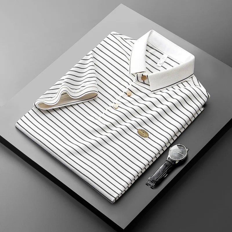 Men's short sleeved slim fit letter embroidered lapel T-shirt summer light luxury thin ice silk light cotton striped polo shirt