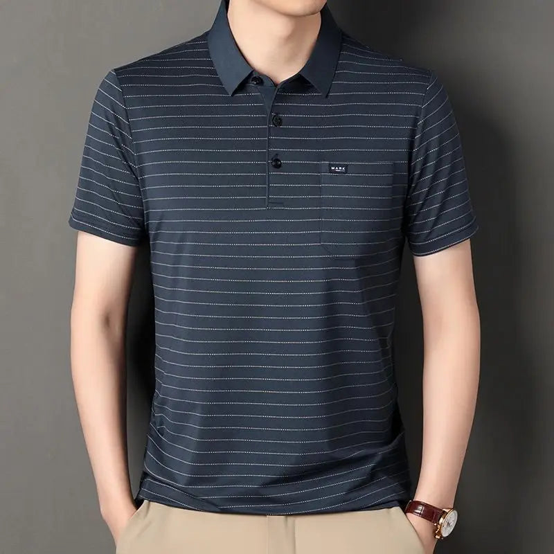 Men's Short-sleeved Lapel Striped T-shirt Real Pocket Polo Shirt Middle-aged and Elderly Loose Casual Thin Top Men