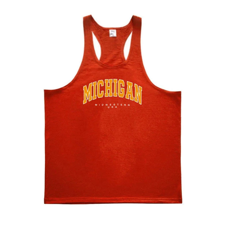 Michigan Midwestern USA Print Sport Tank Tops Mens Fitness Y-Back Cotton Sleeveless Shirt Gym Bodybuilding Muscle Stringer