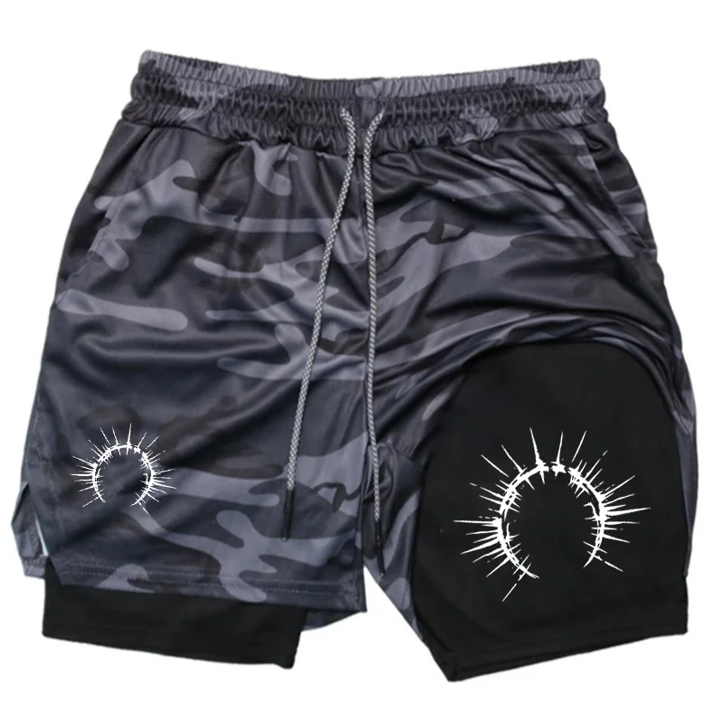 Men's 2-in-1 Shorts Training Fitness Phone Pocket Breathable Quick-Dry Summer Men Shorts Abstract Print