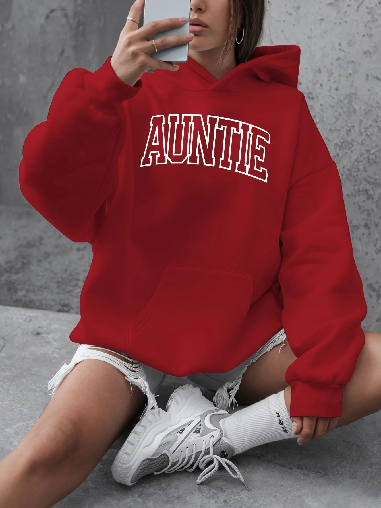 [Plus Size Hooded Sweatshirt] Women's Plus Size Casual Hooded Sweatshirt, "auntie" Print, Long Sleeve Pullover, Polyester 100% - ATFH