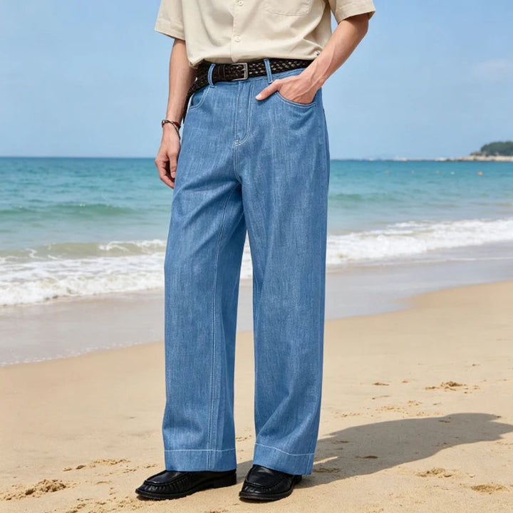 Retro Men's High Waist Wide Leg Jeans Loose Fit Denim Pants Breathable Casual Stretchy Heavyweight Cotton Y2K Baggy Trousers ATFH
