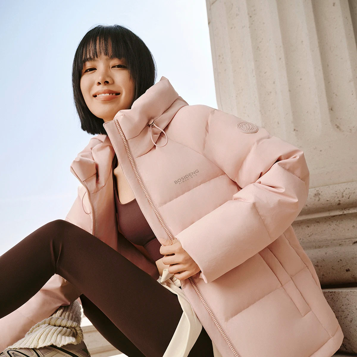 Bosideng Womens Raglan Sleeve Short Down Jacket With Knitted Cuffs Drawstring Hood And Fleece Pockets Winter Warm Fashion Coat