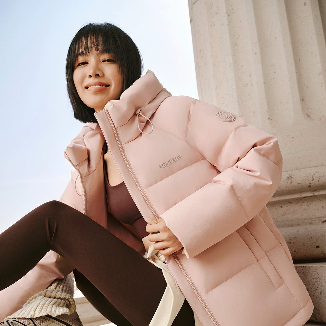Bosideng Womens Raglan Sleeve Short Down Jacket With Knitted Cuffs Drawstring Hood And Fleece Pockets Winter Warm Fashion Coat