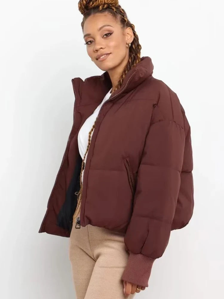 Women's Winter Stand Collar Jacket Baggy Short Padded Down Coats Cropped Puffer Long Sleeve Zipper Coats