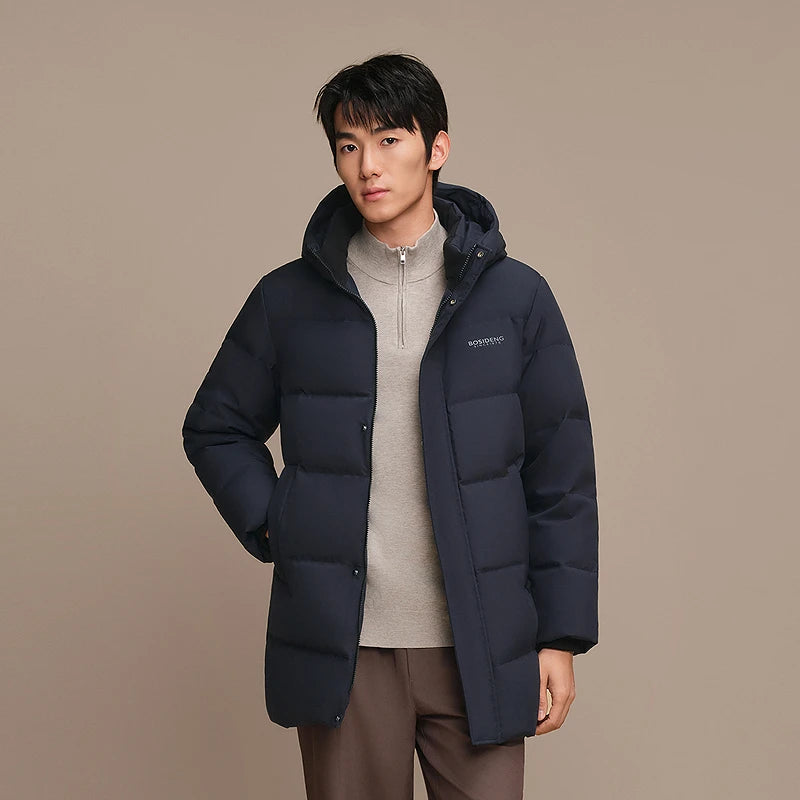 Bosideng Long Hooded Down Coat With Ribbed Cuffs Double Zipper And Side Pockets Windproof Warm Winter Jacket