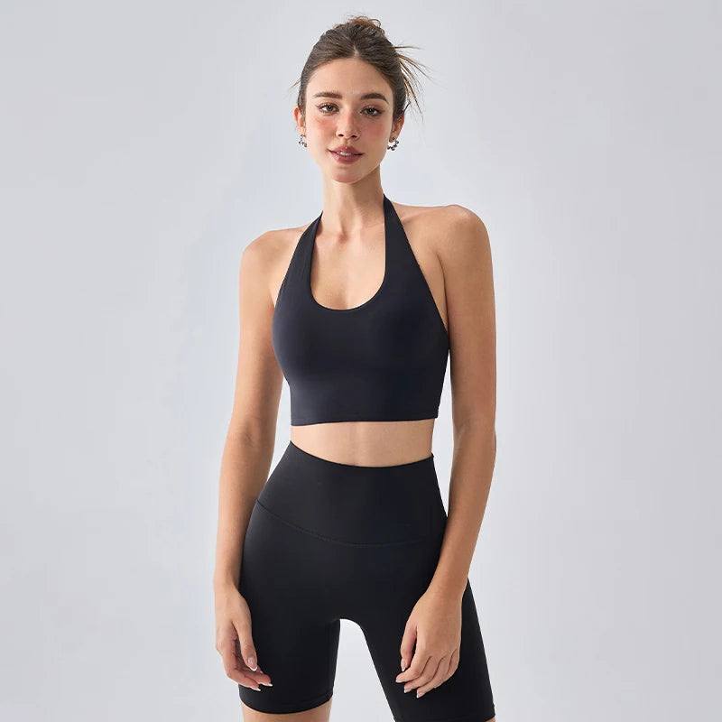 Women's Sexy Backless Padded Sports Bra Fixed chest pad Halter Neck Comfort Bare Navel Top Running Fitness Outdoor Sports Vest - ATFH
