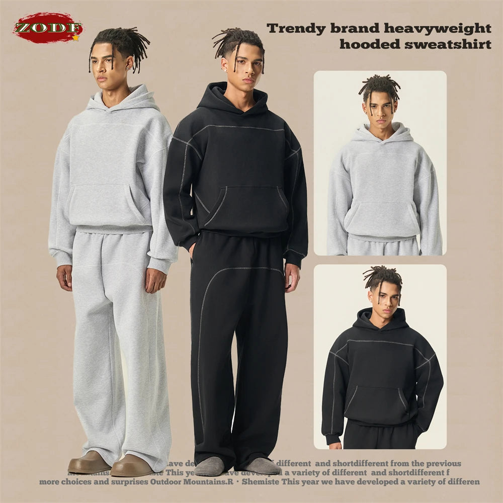 ZODF Trendy Men 350gsm Fleece Loose Boxy Fit Hooded Hoodie Unisex Hip Hop Solid Warm Pullovers Coat For Winter HY0032 - ATFH