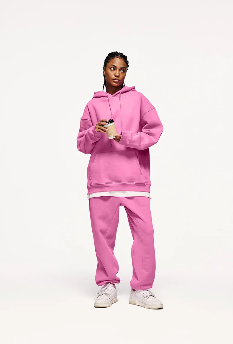 Autumn/Winter New Men's Solid Color Hoodie+Sports Pants Two Piece Outdoor Casual Fashion Loose Large Sports Set - ATFH