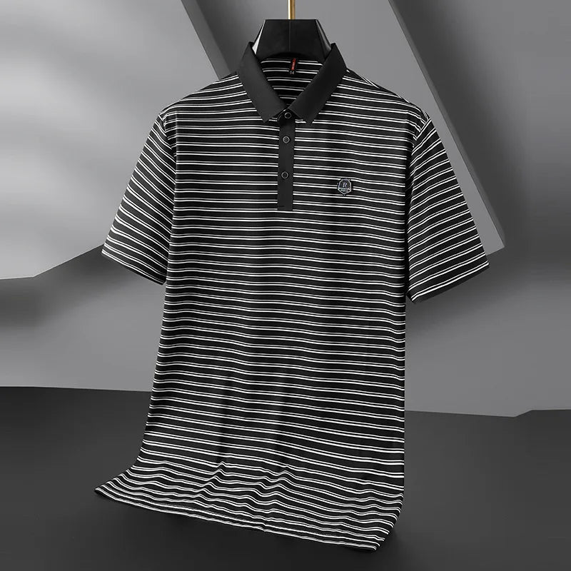 Minglu High Elasticity Summer Striped Male Polo Shirts Luxury Short Sleeve Ice Silk Business Golf Casual Man Tees Plus Size 8XL