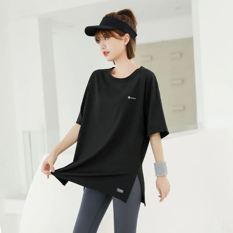 Loose T-shirts for Women Running Clothing Solid O-neck Summer Quick Drying Short Sleeve Korean Style Young Girls Students Soft - ATFH