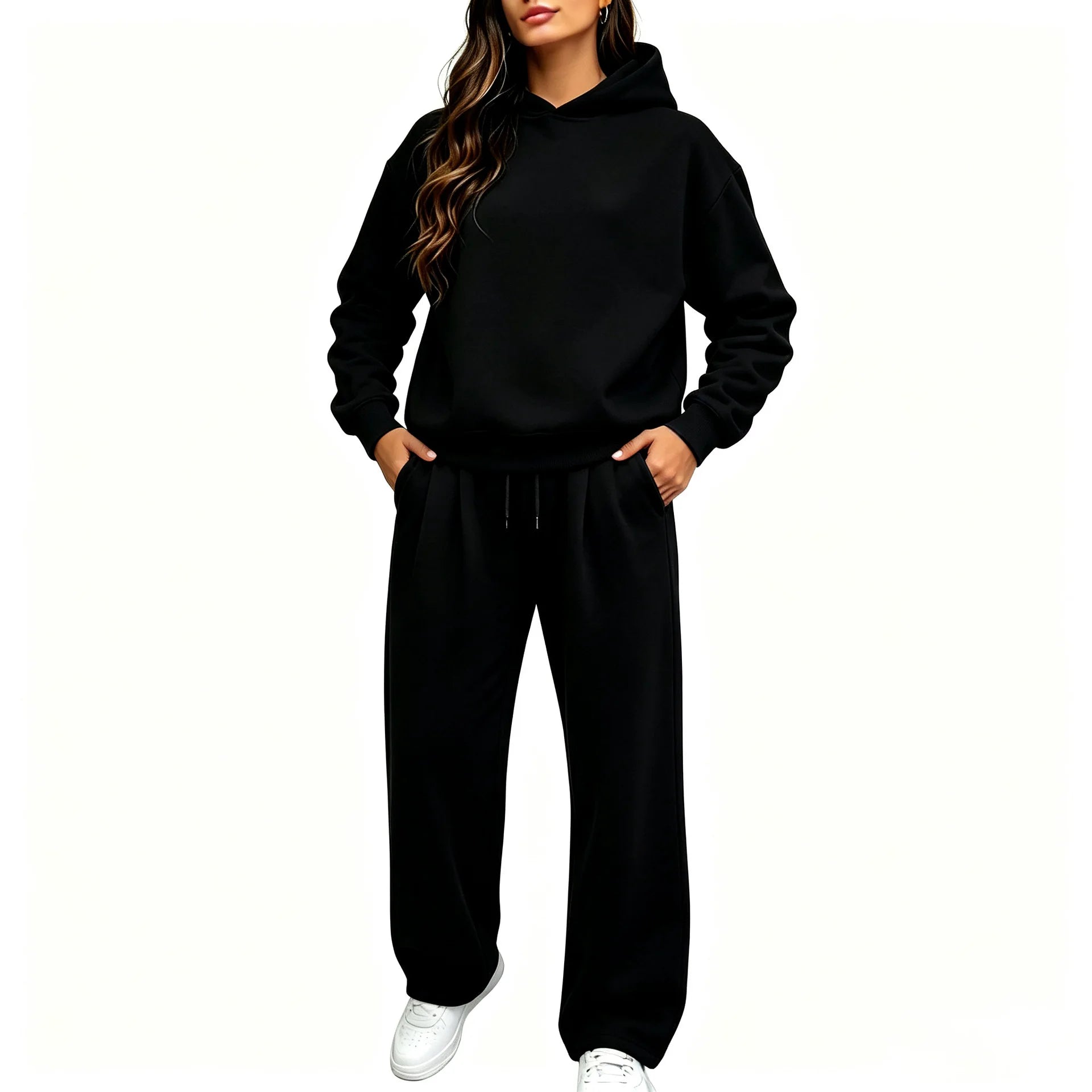 Casual Hooded Sweatshirt Set 2026 Autumn And Winter Solid Color Long Sleeved Women's Fashionable Loose Women's Top Two-piece Set